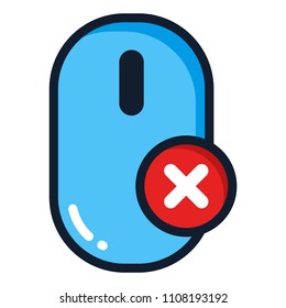 mouse icon with cross error symbol. Flat design style. Filled Outline. Vector illustration.