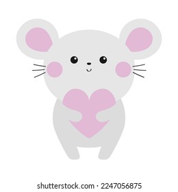 Mouse icon holding pink heart. Cute white rat silhouette. Funny face head. Kawaii cartoon baby character. Happy Valentines Day. Notebook sticker print template. Flat design. White background. Vector