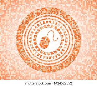 mouse icon inside abstract emblem, orange mosaic background