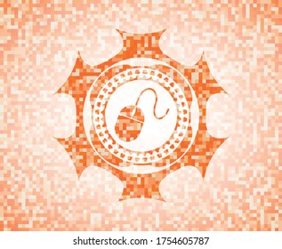 mouse icon inside abstract emblem, orange mosaic background. 