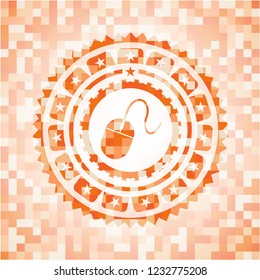 mouse icon inside abstract orange mosaic emblem with background