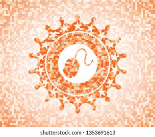 mouse icon inside abstract orange mosaic emblem with background