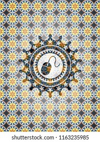 mouse icon inside arabic badge. Arabesque decoration.