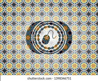 mouse icon inside arabic badge. Arabesque decoration.
