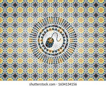 mouse icon inside arabic badge background. Arabesque decoration.