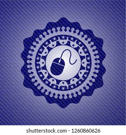 mouse icon inside badge with denim texture