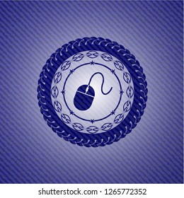 mouse icon inside badge with denim background