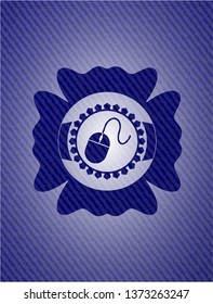 mouse icon inside badge with denim texture