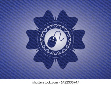 mouse icon inside badge with denim texture