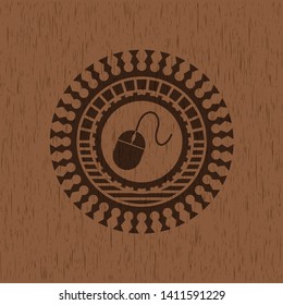 mouse icon inside badge with wood background