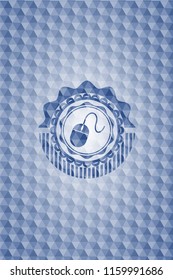 mouse icon inside blue emblem or badge with abstract geometric pattern background.