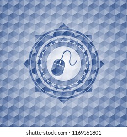 mouse icon inside blue emblem or badge with abstract geometric pattern background.