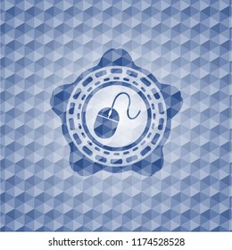 mouse icon inside blue emblem or badge with abstract geometric pattern background.