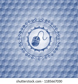 mouse icon inside blue emblem with geometric pattern.