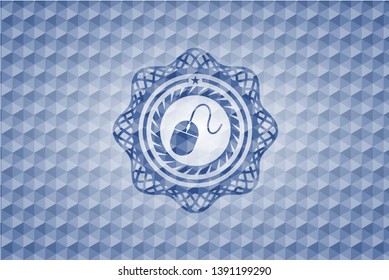 mouse icon inside blue emblem with geometric background.