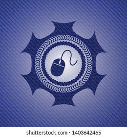 mouse icon inside emblem with denim texture