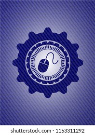 mouse icon inside emblem with jean background