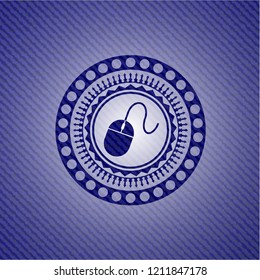mouse icon inside emblem with jean background