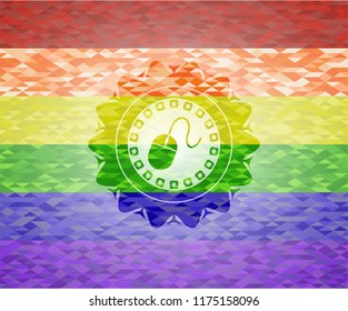 mouse icon inside emblem on mosaic background with the colors of the LGBT flag
