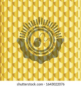 mouse icon inside gold badge. Scales pattern. Vector Illustration. Detailed.