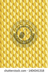 mouse icon inside gold shiny emblem. Scales pattern. Vector Illustration. Detailed.