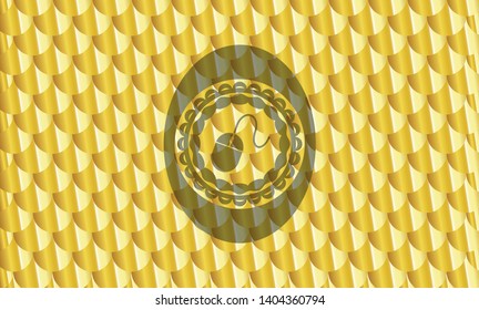 mouse icon inside gold shiny emblem. Scales pattern. Vector Illustration. Detailed.
