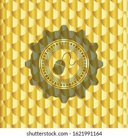 mouse icon inside gold shiny badge. Scales pattern. Vector Illustration. Detailed.