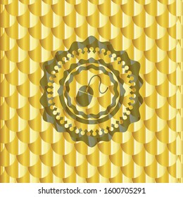 mouse icon inside golden badge or emblem. Scales pattern. Vector Illustration. Detailed.