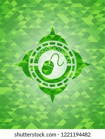 mouse icon inside green emblem with mosaic background