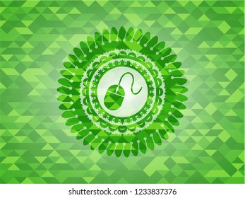 mouse icon inside green emblem with mosaic background