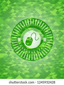 mouse icon inside green emblem. Mosaic background