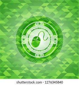 mouse icon inside green emblem. Mosaic background