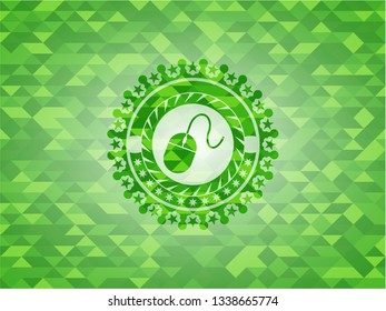 mouse icon inside green emblem with mosaic background
