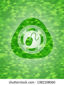 mouse icon inside green emblem with mosaic background