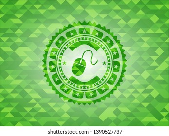 mouse icon inside green emblem. Mosaic background