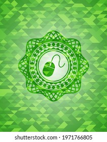 mouse icon inside green mosaic emblem. 