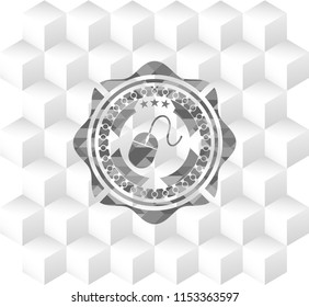 mouse icon inside grey badge with geometric cube white background