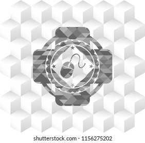 mouse icon inside grey badge with geometric cube white background