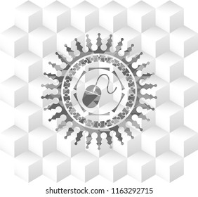mouse icon inside grey badge with geometric cube white background