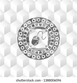 mouse icon inside grey badge with geometric cube white background