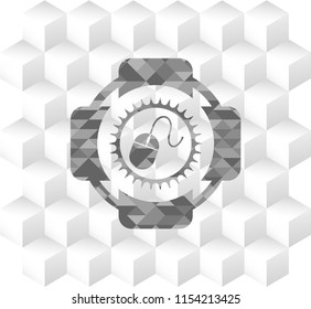 mouse icon inside grey icon or emblem with geometric cube white background