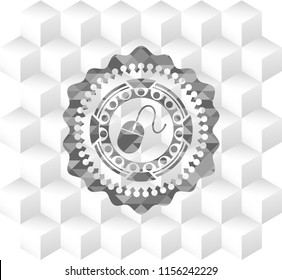 mouse icon inside grey emblem. Vintage with geometric cube white background