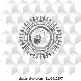 mouse icon inside grey emblem with cube white background