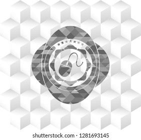 mouse icon inside grey emblem with geometric cube white background