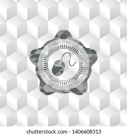 mouse icon inside grey emblem with cube white background