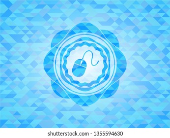 mouse icon inside light blue emblem. Mosaic background