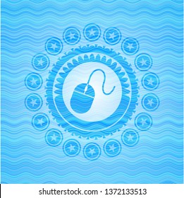 mouse icon inside light blue water style emblem.