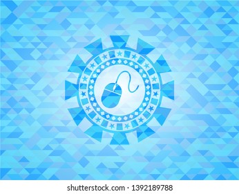 mouse icon inside light blue emblem. Mosaic background