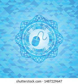 mouse icon inside light blue emblem. Mosaic background