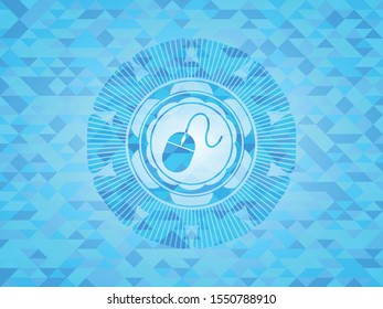 mouse icon inside light blue emblem with mosaic ecological style background